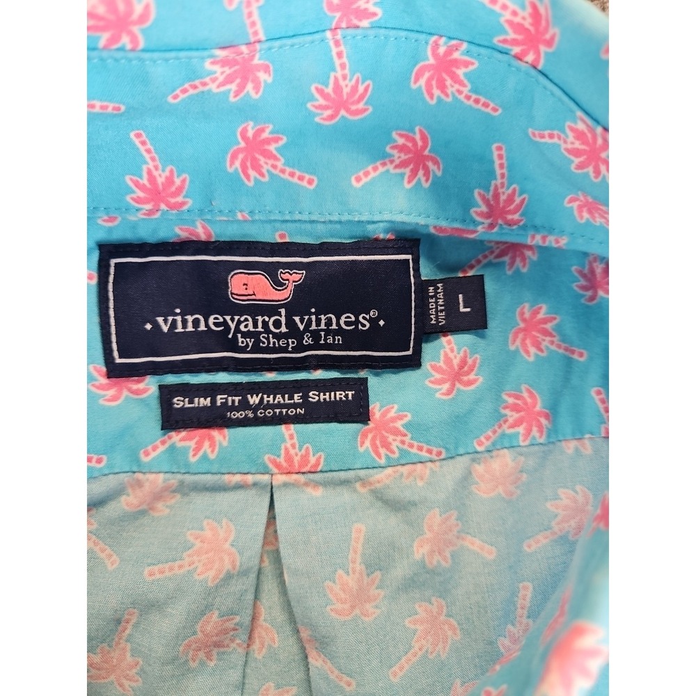 Vineyard Vines Mens L Slim Fit Whale Shirt Blue Pink PalmTrees Short Sleeve 1392 - Picture 10 of 13